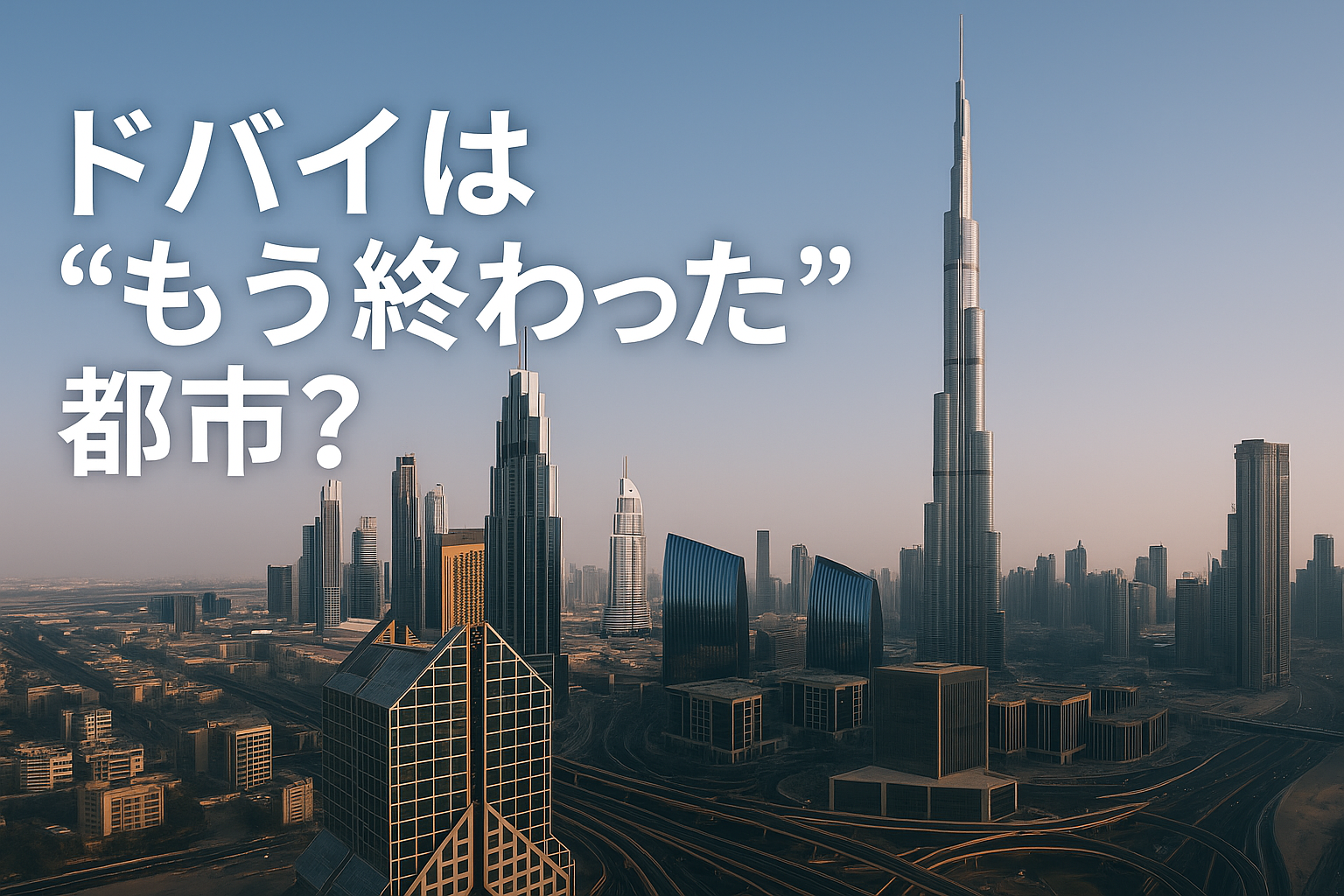 ドバイの都市風景と「もう終わった都市？」という見出しの画像